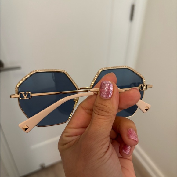 Valentino Gold Frame Sunglasses with Dark Blue Lenses - Picture 2 of 3